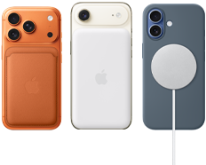 iPhone 17 Pro, ภายนอกด้านหลัง, สี [O7], ใส่อยู่กับเคสผ้า FineWoven แบบกระเป๋าสตางค์สีส้มจิ้งจอกพร้อม MagSafe, iPhone Air, ภายนอกด้านหลัง, สีขาวปุยเมฆ, พร้อมแบตเตอรี่ MagSafe, iPhone 17, ภายนอกด้านหลัง, สีฟ้าหมอก, ใส่อยู่กับเคสซิลิโคนสีน้ำเงินแองเคอร์บลูและที่ชาร์จ MagSafe