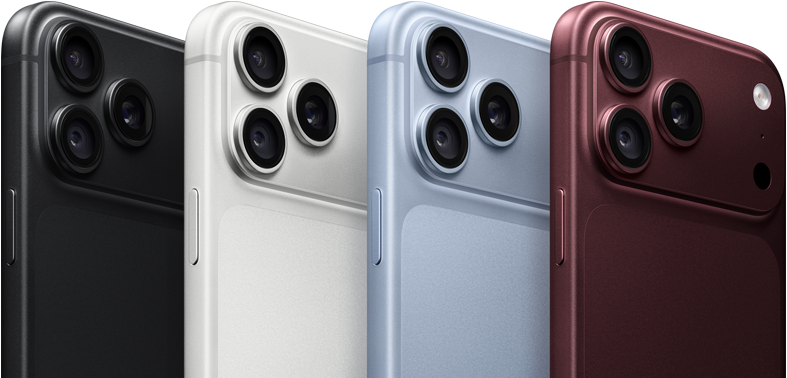 อุปกรณ์ iPhone 18 Pro ที่เรียงเป็นแถว, ภายนอกด้านหลัง, ทั้งสี่สี ได้แก่ สีเบอร์กันดี, สีธารน้ำแข็ง, สีเงิน, สีดำ, ระบบกล้อง Pro Fusion ที่มุมบนซ้าย, เลนส์ 3 ตัว, ไมโครโฟน, แฟลช
