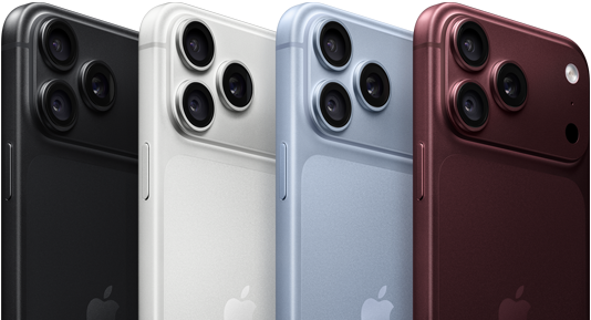 อุปกรณ์ iPhone 18 Pro ที่เรียงเป็นแถว, ภายนอกด้านหลัง, ทั้งสี่สี ได้แก่ สีเบอร์กันดี, สีธารน้ำแข็ง, สีเงิน, สีดำ, ระบบกล้อง Pro Fusion ที่มุมบนซ้าย, เลนส์ 3 ตัว, ไมโครโฟน, แฟลช