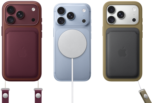 iPhone 18 Pro, ภายนอกด้านหลัง, สีเบอร์กันดี, เคสผ้า FineWoven แบบกระเป๋าสตางค์พร้อม MagSafe สีเบอร์กันดี; iPhone 18 Pro, ภายนอกด้านหลัง, สีธารน้ำแข็ง, พร้อมแบตเตอรี่ MagSafe; iPhone 18 Pro, ภายนอกด้านหลัง, สีเงิน, ใส่อยู่กับเคสซิลิโคนสีเขียวและที่ชาร์จ MagSafe