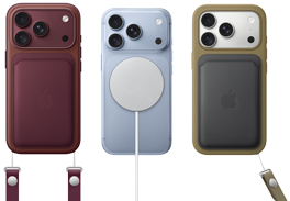 iPhone 18 Pro, ภายนอกด้านหลัง, สีเบอร์กันดี, เคสผ้า FineWoven แบบกระเป๋าสตางค์พร้อม MagSafe สีเบอร์กันดี; iPhone 18 Pro, ภายนอกด้านหลัง, สีธารน้ำแข็ง, พร้อมแบตเตอรี่ MagSafe; iPhone 18 Pro, ภายนอกด้านหลัง, สีเงิน, ใส่อยู่กับเคสซิลิโคนสีเขียวและที่ชาร์จ MagSafe