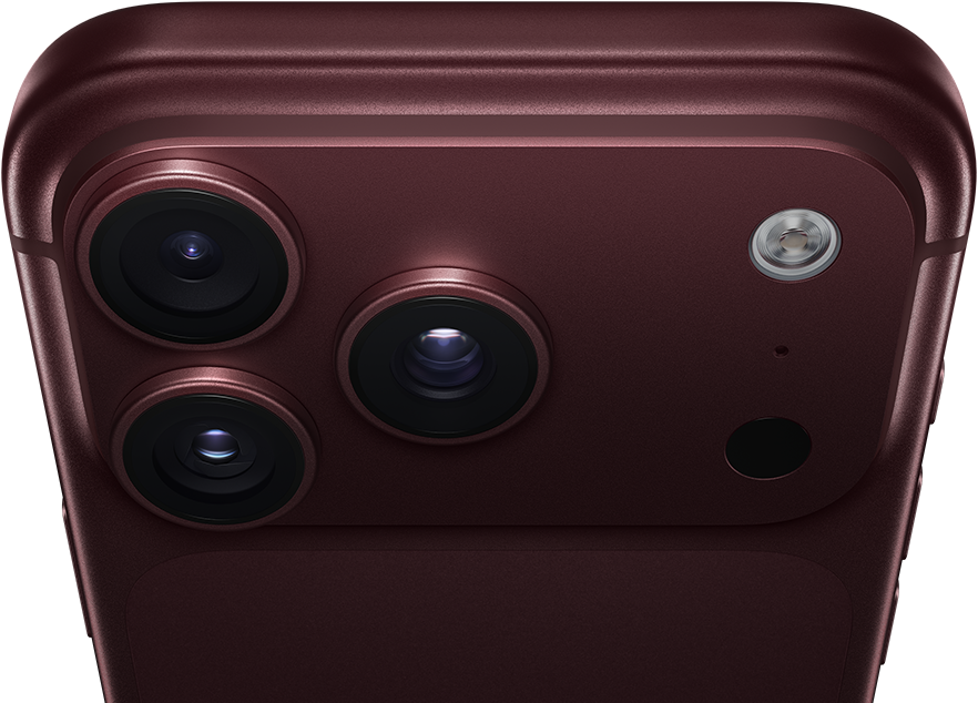 iPhone 18 Pro Max, สีเบอร์กันดี (แดงเข้ม), ภายนอกด้านหลัง, ระบบกล้อง Pro Fusion ที่ด้านบน, เลนส์ 3 ตัว, ใบเบลดรูรับแสงที่ปรับได้ปิดอยู่บางส่วน, แฟลช, ไมโครโฟนและสแกนเนอร์ LiDAR, ภายนอกด้านบน, สายอากาศระบบเซลลูลาร์, ด้านข้างแบนเรียบ, ขอบมน