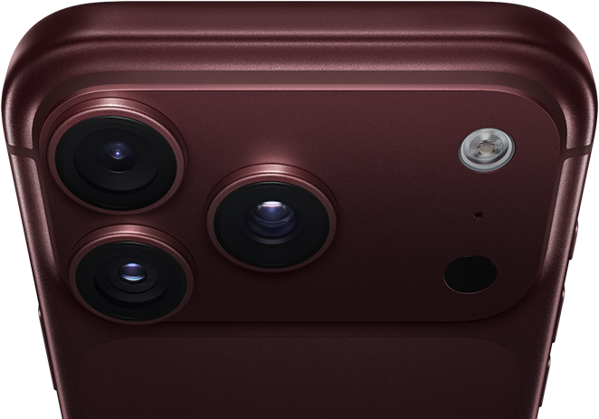 iPhone 18 Pro Max, สีเบอร์กันดี (แดงเข้ม), ภายนอกด้านหลัง, ระบบกล้อง Pro Fusion ที่ด้านบน, เลนส์ 3 ตัว, ใบเบลดรูรับแสงที่ปรับได้ปิดอยู่บางส่วน, แฟลช, ไมโครโฟน และสแกนเนอร์ LiDAR, ภายนอกด้านบน, สายอากาศระบบเซลลูลาร์, ด้านข้างแบนเรียบ, ขอบมน