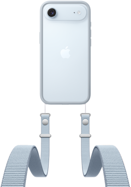 iPhone Air, ภายนอกด้านหลัง, สีสกายบลู, ระบบกล้อง Fusion ใกล้กับด้านบน, โลโก้ Apple อยู่ตรงกลาง, สายสะพายข้างที่ใส่อยู่กับกรอบกันกระแทกสีเทาอ่อน