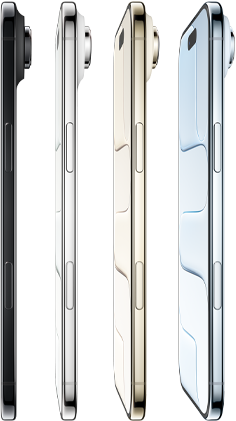 iPhone Air, ภายนอกด้านข้าง, สีสันทั้งหมด 4 สี, สกายบลู, ทองอ่อน, ขาวปุยเมฆ, ดำสเปซแบล็ค, รูปทรงที่บางมาก, ระบบกล้อง Fusion, ปุ่ม: ด้านข้าง, ตัวควบคุมกล้อง