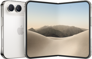 iPhone Duo, ภายนอกด้านหลังพับปิดอยู่, สีสตาร์ไวท์, ระบบกล้อง Dual Fusion ที่ด้านบนซ้าย, โลโก้ Apple อยู่ตรงกลาง จอภาพภายในของตัวเครื่องที่กางเปิดอยู่, ดีไซน์แบบหน้าจอทั้งหมด, มุมมน