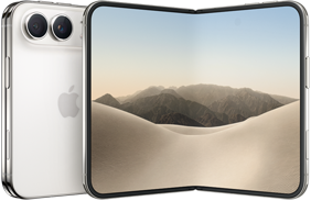 iPhone Duo, ภายนอกด้านหลังพับปิดอยู่, สีสตาร์ไวท์, ระบบกล้อง Dual Fusion ที่ด้านบนซ้าย, โลโก้ Apple อยู่ตรงกลาง จอภาพภายในของตัวเครื่องที่กางเปิดอยู่, ดีไซน์แบบหน้าจอทั้งหมด, มุมมน