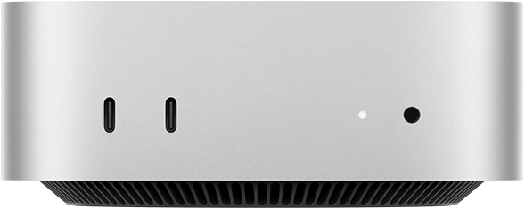 Mac mini, ด้านหน้า, Thunderbolt จำนวน 2 พอร์ต, ไฟแสดงสถานะและช่องต่อหูฟัง, ฐานทรงเรียวสีดำอยู่ด้านล่างสุด, ด้านบนแบนเรียบ, ด้านข้างโค้งมน, ขอบเรียบตรง, สีเงิน