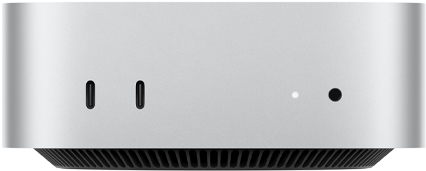Mac mini, ด้านหน้า, Thunderbolt จำนวน 2 พอร์ต, ไฟแสดงสถานะและช่องต่อหูฟัง, ฐานทรงเรียวสีดำอยู่ด้านล่างสุด, ด้านบนแบนเรียบ, ด้านข้างโค้งมน, ขอบเรียบตรง, สีเงิน