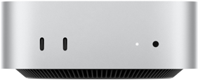 Mac mini, ด้านหน้า, Thunderbolt จำนวน 2 พอร์ต, ไฟแสดงสถานะและช่องต่อหูฟัง, ฐานทรงเรียวสีดำอยู่ด้านล่างสุด, ด้านบนแบนเรียบ, ด้านข้างโค้งมน, ขอบเรียบตรง, สีเงิน