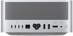 ด้านหลังของ Mac Studio, สีดำ, มีรูระบายอากาศอะลูมิเนียม, Thunderbolt 5 จำนวน 4 พอร์ต, อีเทอร์เน็ตจำนวน 1 พอร์ต, ช่องต่อปลั๊กไฟจำนวน 1 ช่อง, USB-A จำนวน 2 ช่อง, HDMI จำนวน 1 ช่อง, ช่องต่อหูฟังจำนวน 1 ช่อง และปุ่มเปิดปิด