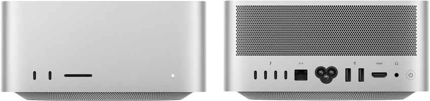 Mac Studio, ด้านหน้า, USB-C จำนวน 2 พอร์ต, ช่องเสียบการ์ด SDXC, ไฟแสดงสถานะ, ฐานทรงสอบที่ด้านล่าง, ด้านบนแบนเรียบ, ด้านข้างโค้งมน, ขอบเรียบตรง, สีเงิน