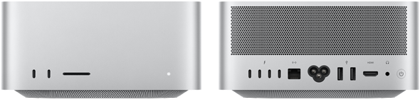 Mac Studio, ด้านหน้า, USB-C จำนวน 2 พอร์ต, ช่องเสียบการ์ด SDXC, ไฟแสดงสถานะ, ฐานทรงสอบที่ด้านล่าง, ด้านบนแบนเรียบ, ด้านข้างโค้งมน, ขอบเรียบตรง, สีเงิน