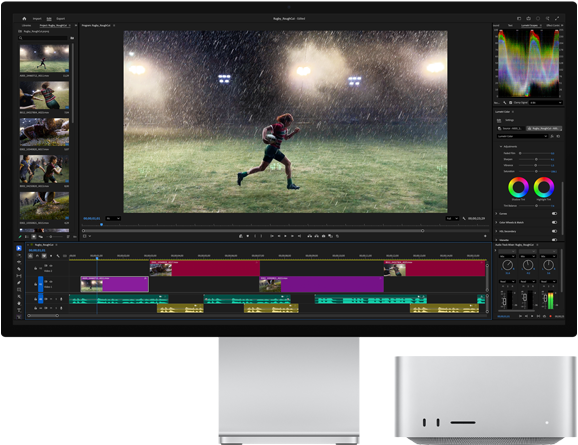 Studio Display XDR พร้อมฐานตั้งในตัว, Mac Studio วางอยู่ใต้หน้าจออย่างพอดี, เวิร์กโฟลว์เครื่องมือตัดต่อวิดีโอและการปรับแก้สี