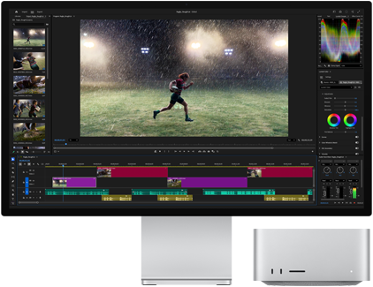 Studio Display XDR พร้อมฐานตั้งในตัว, Mac Studio วางอยู่ใต้หน้าจออย่างพอดี, เวิร์กโฟลว์เครื่องมือตัดต่อวิดีโอและการปรับแก้สี