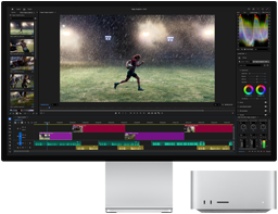 Studio Display XDR พร้อมฐานตั้งในตัว, Mac Studio วางอยู่ใต้หน้าจออย่างพอดี, เวิร์กโฟลว์เครื่องมือตัดต่อวิดีโอและการปรับแก้สี