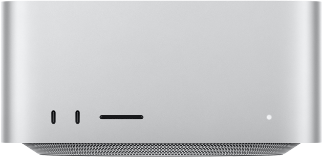 Mac Studio, ด้านหน้า, USB-C จำนวน 2 พอร์ต, ช่องเสียบการ์ด SDXC, ไฟแสดงสถานะ, ฐานทรงสอบที่ด้านล่าง, ด้านบนแบนเรียบ, ด้านข้างโค้งมน, ขอบเรียบตรง, สีเงิน