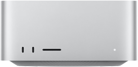 Mac Studio, ด้านหน้า, USB-C จำนวน 2 พอร์ต, ช่องเสียบการ์ด SDXC, ไฟแสดงสถานะ, ฐานทรงสอบที่ด้านล่าง, ด้านบนแบนเรียบ, ด้านข้างโค้งมน, ขอบเรียบตรง, สีเงิน
