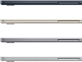 แล็ปท็อป MacBook Air จำนวน 4 เครื่องที่พับปิดอยู่ แสดงให้เห็นถึงสีที่มีให้เลือก ได้แก่ สีมิดไนท์ สีสตาร์ไลท์ สีเทาสเปซเกรย์ และสีเงิน