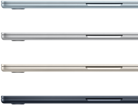 ภายนอกด้านข้างของแล็ปท็อป MacBook Air จำนวน 4 เครื่อง ซึ่งแสดงสีสันที่แตกต่างกัน 4 สี