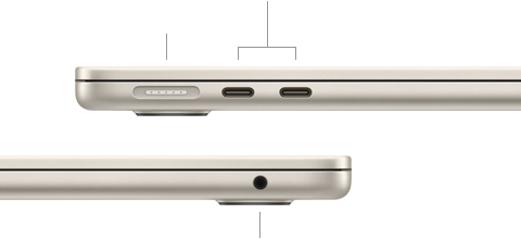 MacBook Air, พับปิดอยู่, ด้านซ้าย, แสดงพอร์ต MagSafe และพอร์ต Thunderbolt จำนวน 2 พอร์ต, ด้านขวา, แสดงช่องต่อหูฟัง