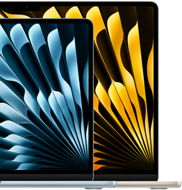 แล็ปท็อป MacBook Air จำนวน 2 เครื่องแสดงขนาดของจอภาพเมื่อเปรียบเทียบกัน ได้แก่ 13.6 นิ้ว และ 15.3 นิ้ว ซึ่งวัดในแนวทแยง