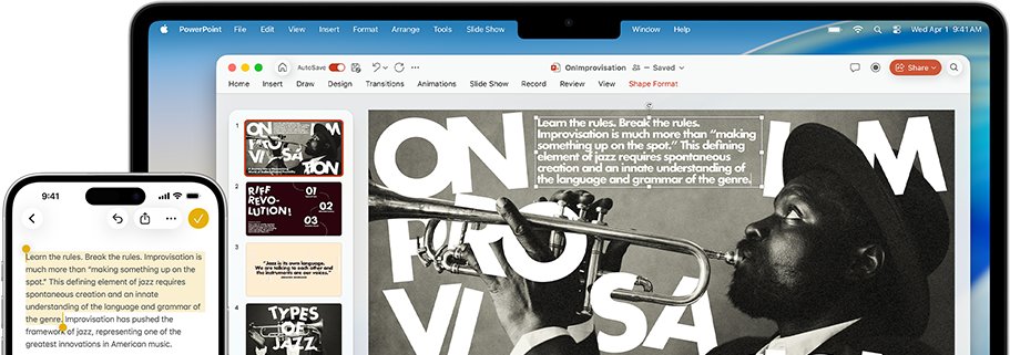 iPhone 16 Plus ที่มีข้อความไฮไลท์อยู่ในแอปโน้ต, Macbook Air ที่เปิดสไลด์ Keynote, ข้อความจากแอปโน้ตปรากฏบนสไลด์