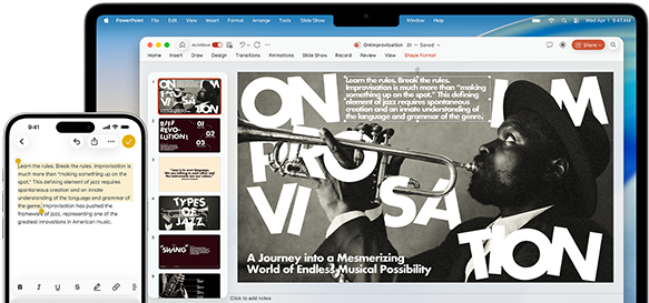 iPhone 16 Plus ที่มีข้อความไฮไลท์อยู่ในแอปโน้ต, Macbook Air ที่เปิดสไลด์ Keynote, ข้อความจากแอปโน้ตปรากฏบนสไลด์