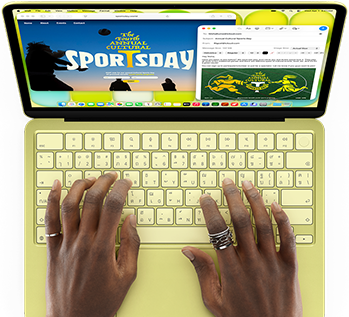 MacBook Neo, สีซิตรัส, มือวางบนคีย์บอร์ด, ผู้ใช้กำลังเขียนอีเมลเชิญเข้าร่วมกิจกรรมกีฬา, เว็บไซต์ของกิจกรรมเปิดอยู่ข้างๆ