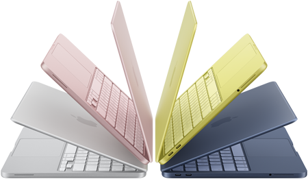 แล็ปท็อป MacBook Neo สีเงิน สีบลัช สีซิตรัส และสีอินดิโกที่เปิดกางอยู่เล็กน้อยและจัดเรียงเป็นทรงโค้ง