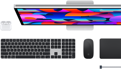 อุปกรณ์เสริมของ Mac ได้แก่ AirPods, Studio Display, Magic Keyboard, Magic Mouse, Magic Trackpad, สายชาร์จ MagSafe