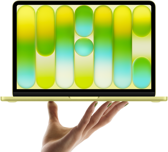 MacBook Neo สีซิตรัส, วางอยู่บนปลายนิ้วของมือที่แบออก, หน้าจอแสดงลวดลายแอ็บสแตรกต์สีสันสวยงาม