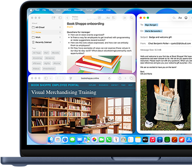 MacBook Neo, สีอินดิโก, หน้าจอแสดงการเขียนอีเมลต้อนรับพนักงานใหม่ของร้านหนังสือ, หน้าต่างอื่นๆ ที่เรียงต่อกันประกอบด้วยเอกสารโน้ตเกี่ยวกับการออนบอร์ดและเว็บไซต์พอร์ทัลพนักงานของร้านหนังสือใน Safari