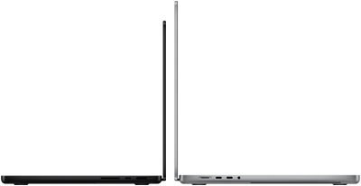 MacBook Pro รุ่น 14 นิ้ว และ 16 นิ้ว หันหลังชนกัน แสดงความแตกต่างของขนาดและเน้นให้เห็นตัวเครื่องที่บาง