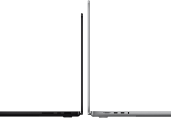 MacBook Pro รุ่น 14 นิ้ว และ 16 นิ้ว หันหลังชนกัน แสดงความแตกต่างของขนาดและเน้นให้เห็นตัวเครื่องที่บาง