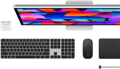 อุปกรณ์เสริมของ Mac ได้แก่ AirPods, Studio Display, Magic Keyboard, Magic Mouse, Magic Trackpad, สายชาร์จ MagSafe สีดำสเปซแบล็ค