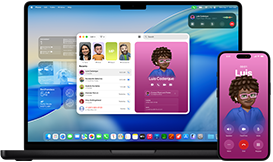 MacBook Pro และ iPhone 16 Plus, แอปโทรศัพท์เปิดอยู่, รายชื่อเดียวกันแสดงอยู่บนทั้ง 2 หน้าจอ