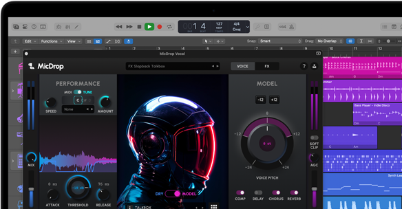 คอนเทนต์บนหน้าจอแสดงซอฟต์แวร์ MicDrop ที่ใช้คุณสมบัติด้าน AI เพื่อตัดต่อเสียงร้องที่บันทึกไว้บน MacBook Pro