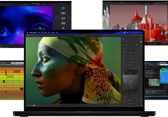 คอนเทนต์หลากหลายสีสันบนหน้าจอจากแอปสำหรับการผลิตงานเพลง การตัดต่อวิดีโอ แอนิเมชั่น 3D และการปรับแต่งภาพถ่ายบน Mac ซึ่งแสดงให้เห็นถึงประสิทธิภาพด้านกราฟิกที่ทรงพลัง
