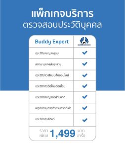 แพ็กเกจ Background Buddy Expert ตรวจสอบประวัติบุคคล 7 รายการ รวมพฤติกรรมการทำงานจากที่เก่าและประวัติการศึกษา ราคา 1,499 บาทต่อครั้ง