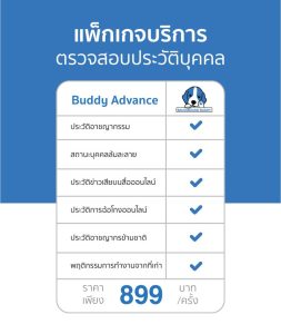 แพ็กเกจ Background Buddy Advance ตรวจสอบประวัติบุคคล 6 รายการ รวมพฤติกรรมการทำงานจากที่เก่า ราคา 899 บาทต่อครั้ง